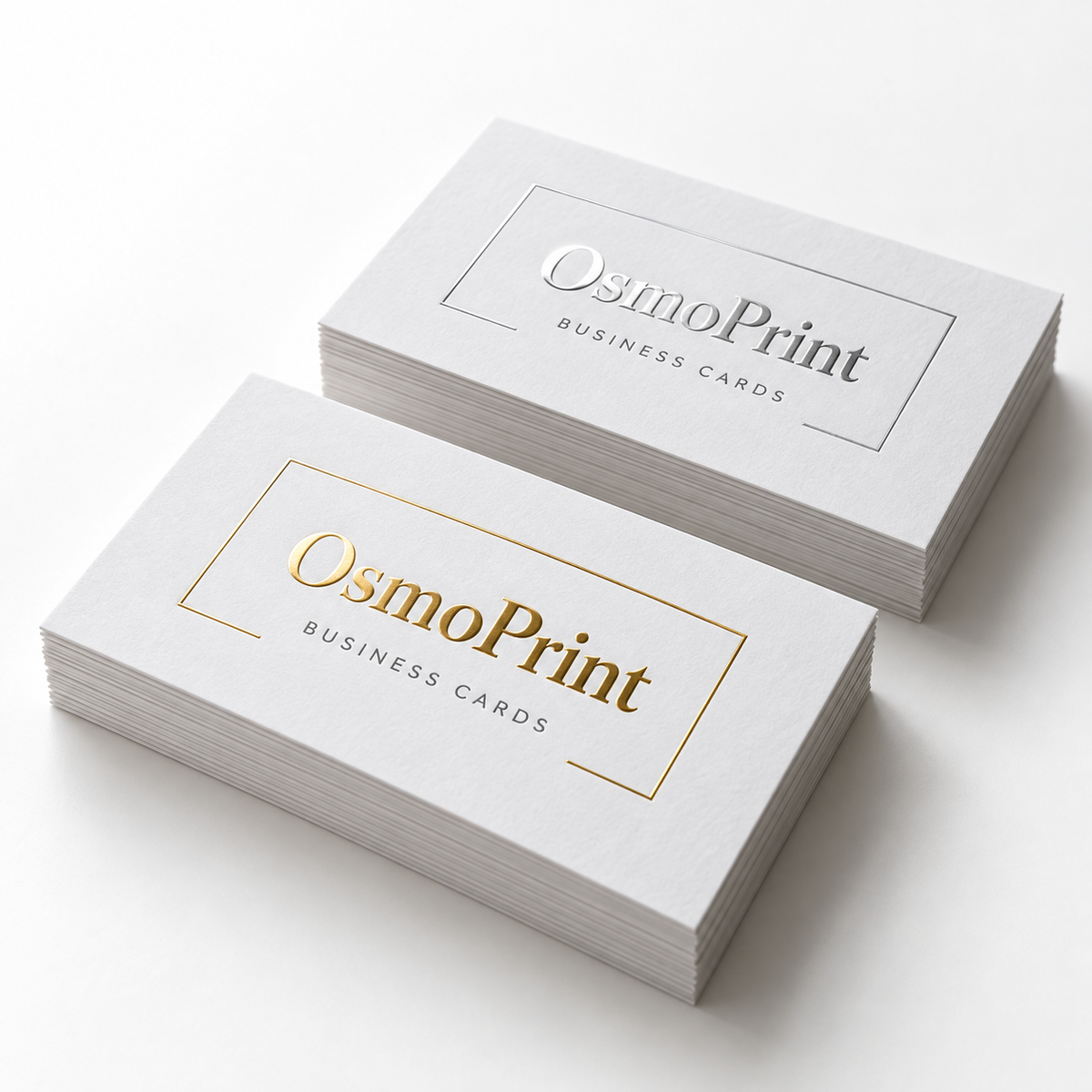 Illustrative OsmoPrint raised gold and silver foil business card product mockup