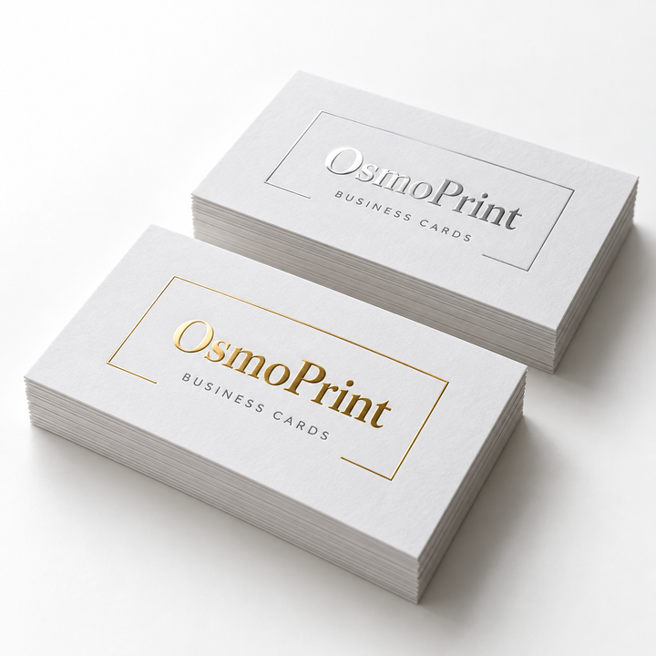 Illustrative OsmoPrint raised gold and silver foil business card product mockup