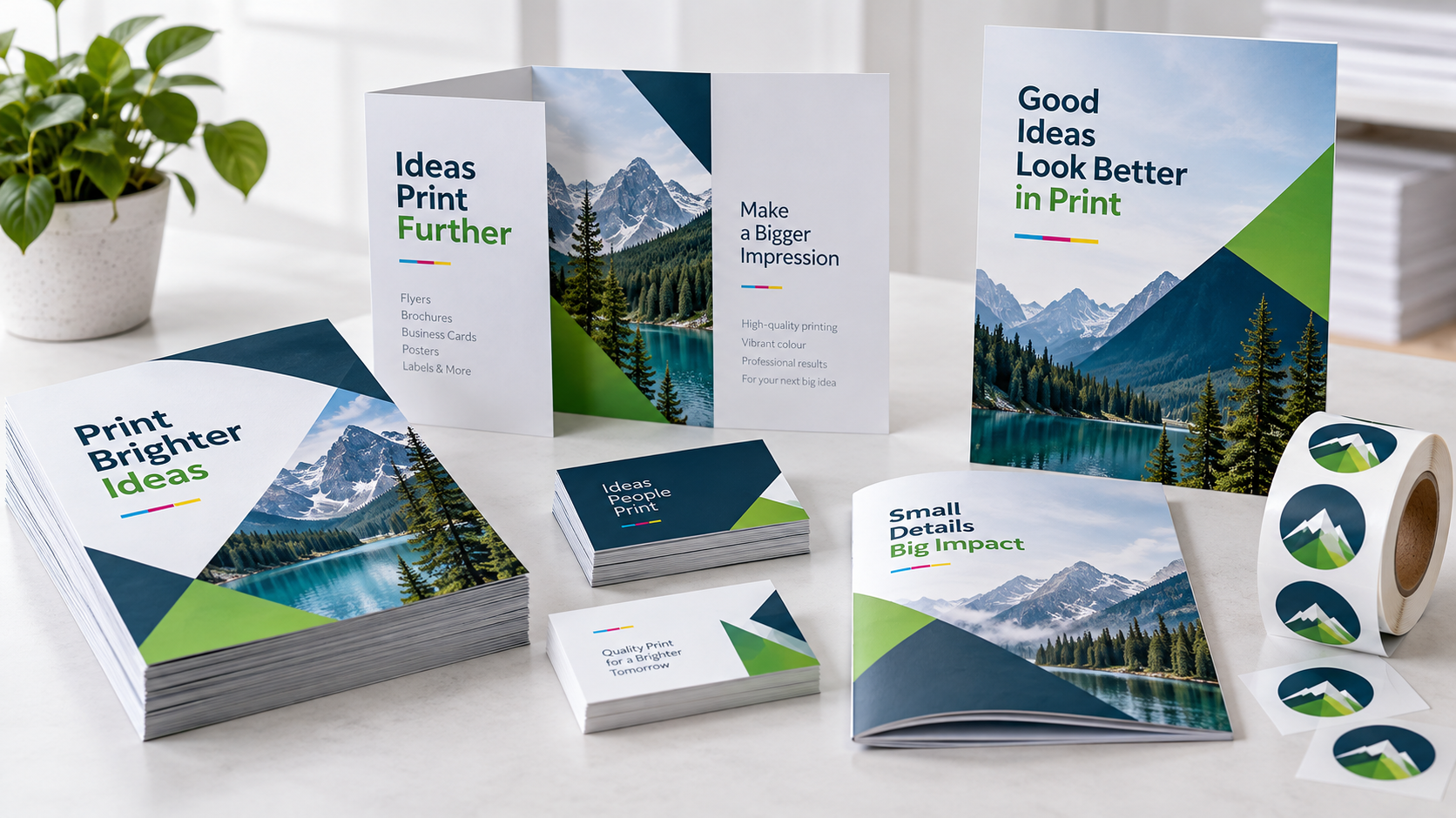 A coordinated collection of flyers, business cards, brochures, booklets, posters, and labels